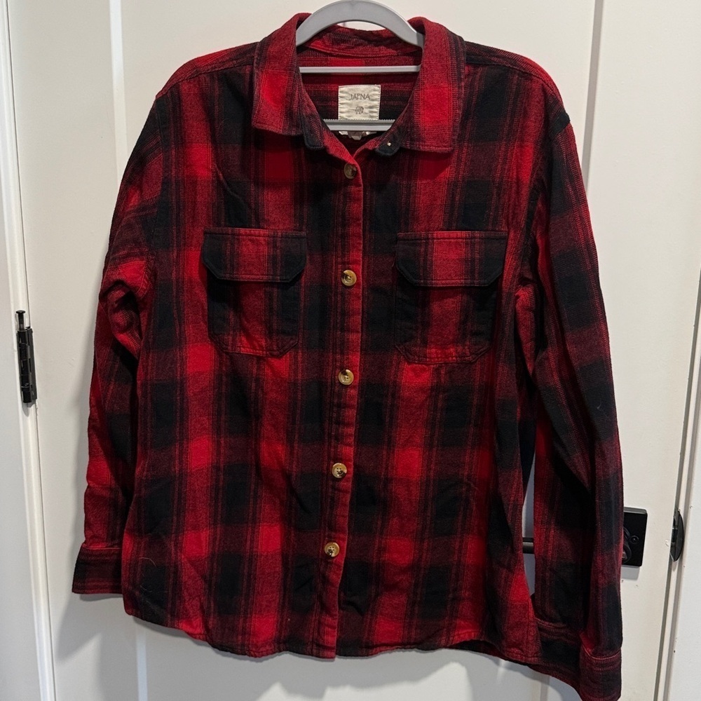JAPNA Flannel Plaid Button down Shirt Boyfriend Buffalo Red Black Shacket